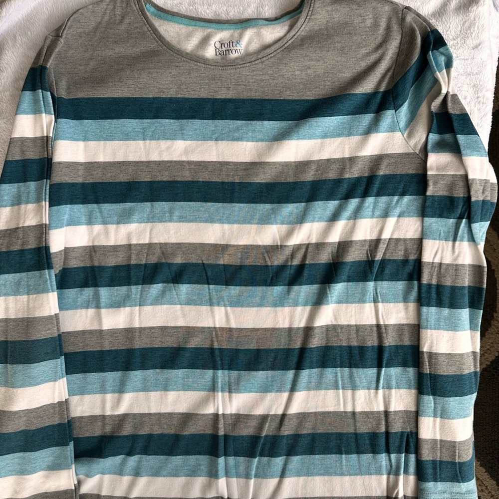 croft & barrow Long-Sleeve Striped Tee in Teal, Light Teal, Gray & White